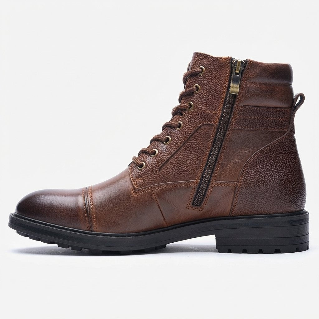 Men's Leather Lace-Up Boots with Side Zip, Brown or Black
