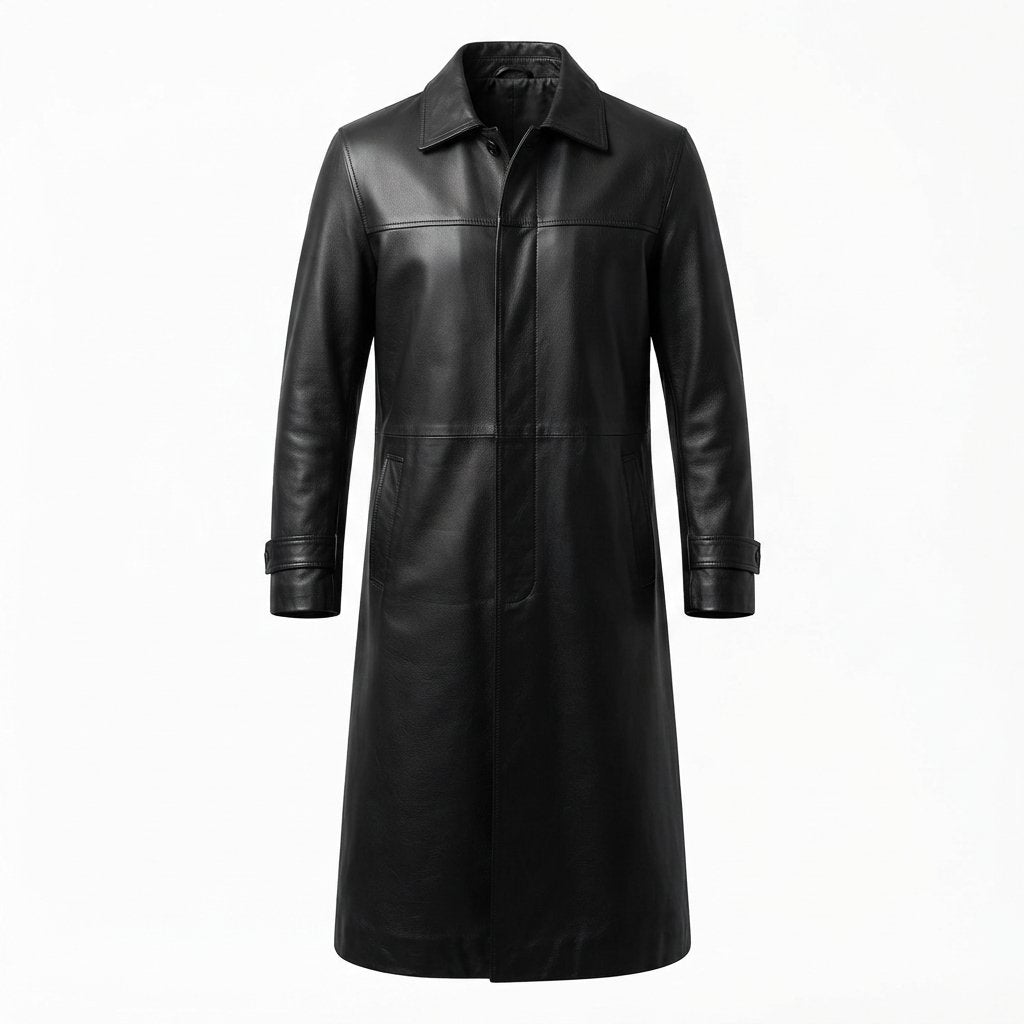 Men's Long Leather Coat, Regular Fit, Sizes S–3XL