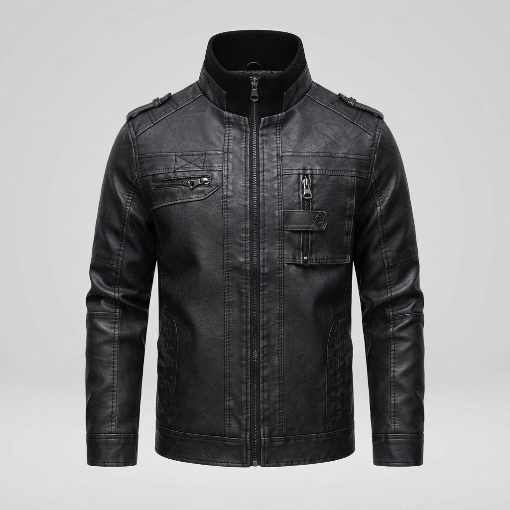 Men's Multi-Pocket Faux Leather Jacket in Black