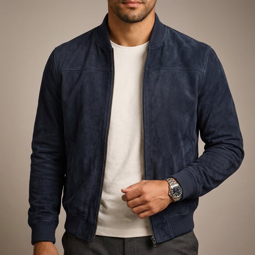 Men's Suede-Look Bomber Jacket – Lightweight Smart Casual