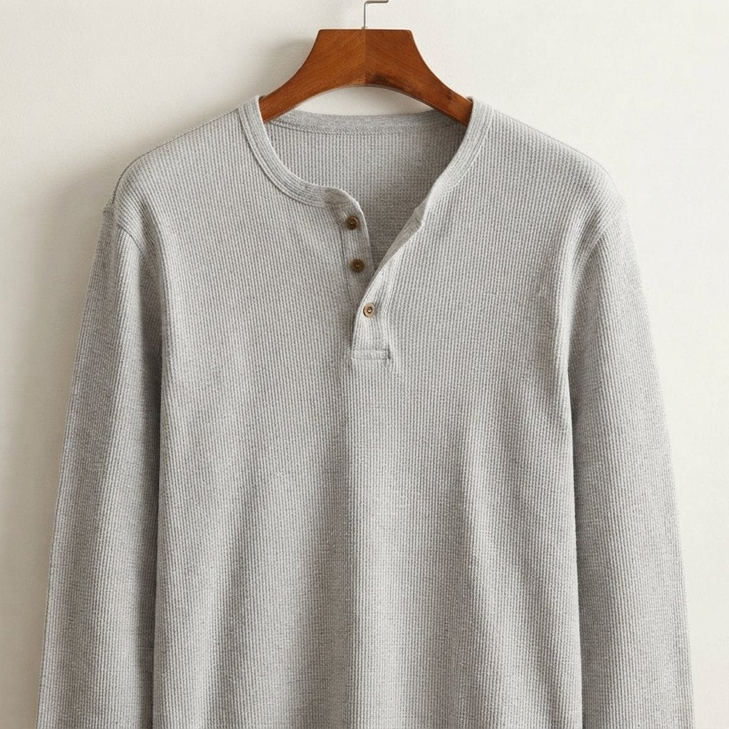 Men's Waffle Knit Henley Top, Long Sleeve