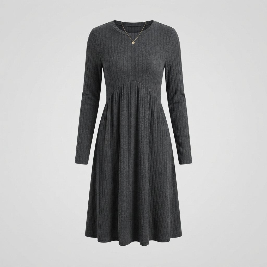 Ribbed Knit High-Waist A-Line Midi Dress with Pockets