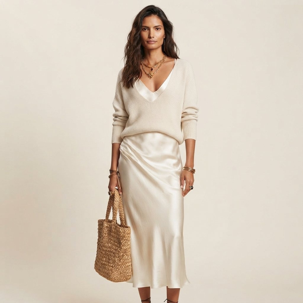 Satin Midi Dress & Knit Sweater Two-Piece Set