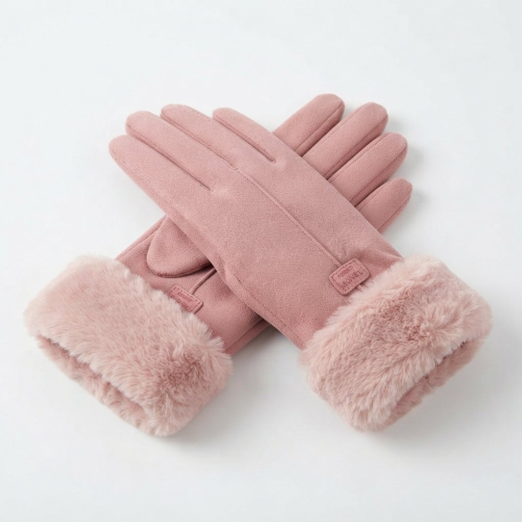 Women's Faux Suede Winter Gloves with Fluffy Cuff