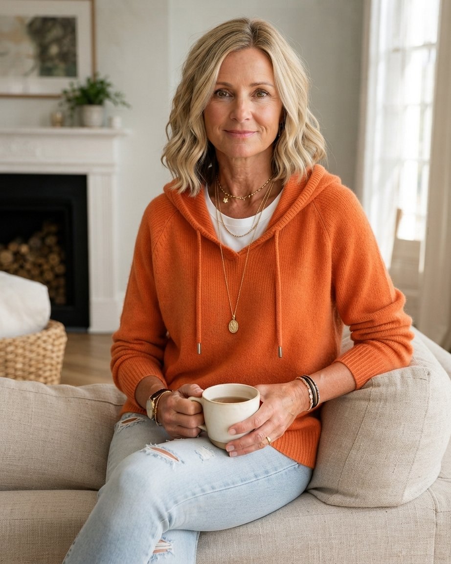 Drawstring Hood Knit Pullover in Relaxed Fit