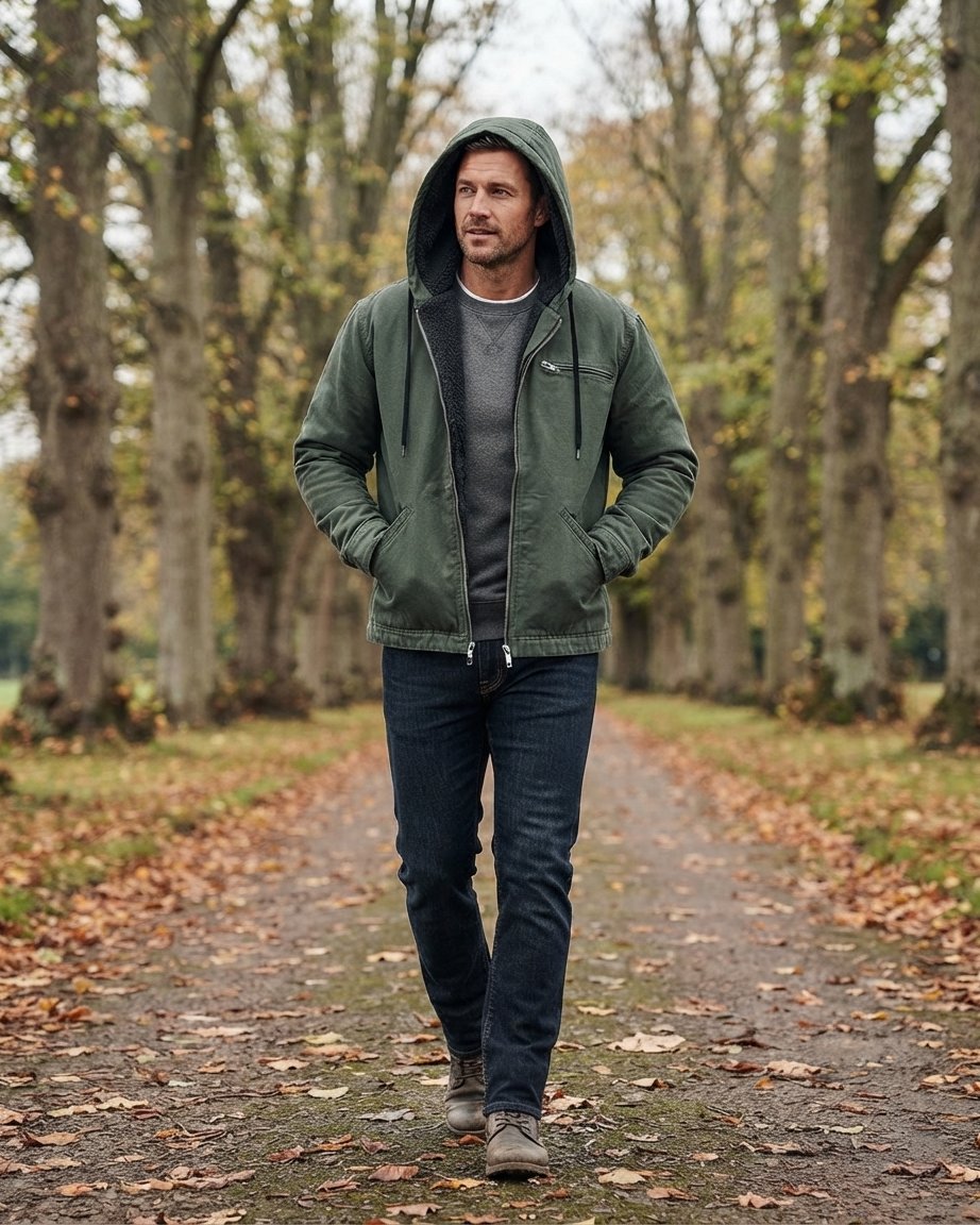 Men's Fleece-Lined Hooded Jacket with Removable Hood