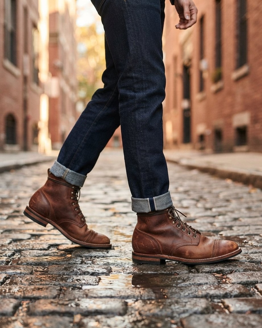 Men's Leather-Look Lace-Up Ankle Boots in Brown