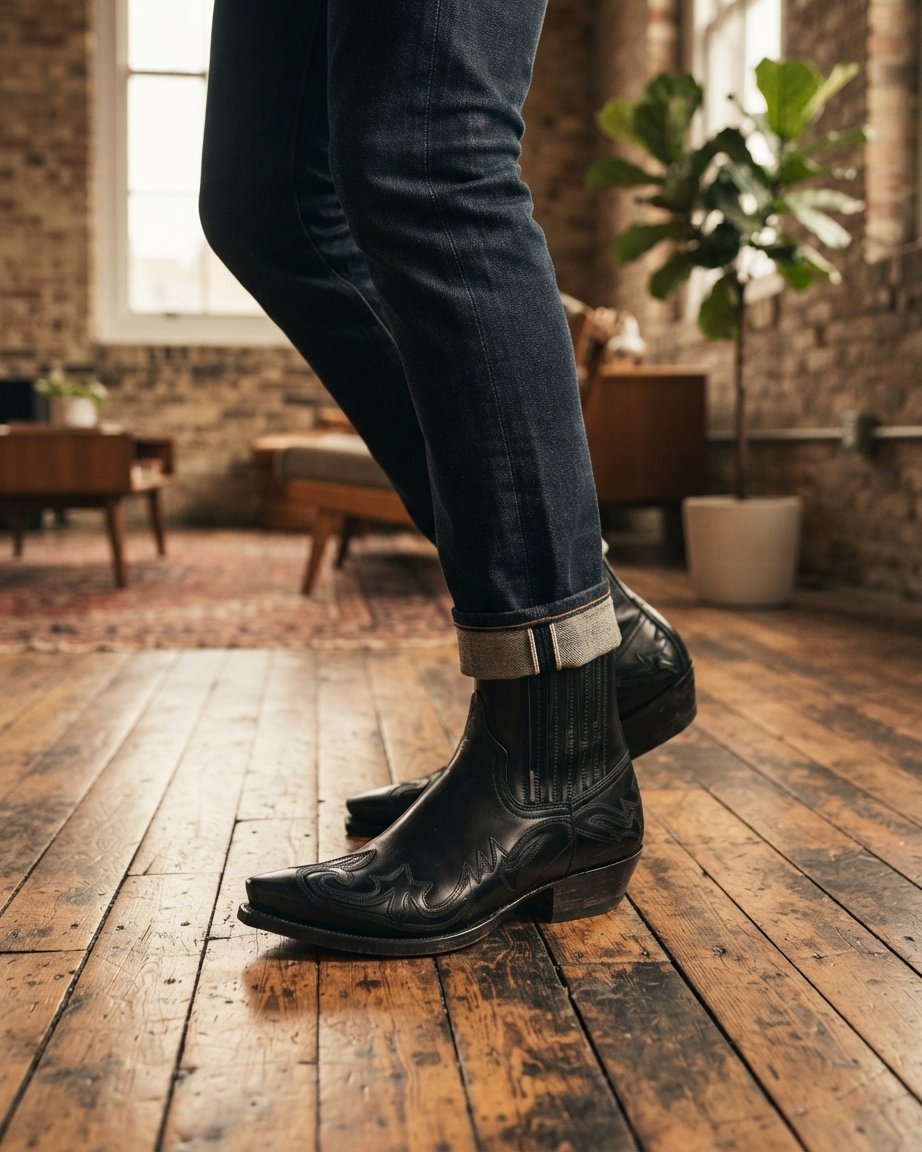 Men's Leather Western Ankle Boots, Pointed Toe
