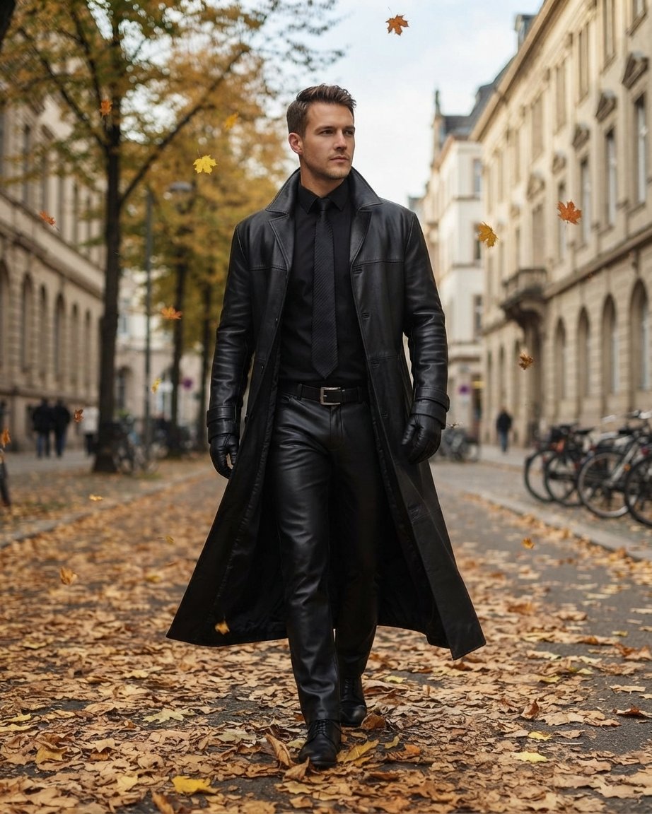 Men's Long Leather Coat, Regular Fit, Sizes S–3XL