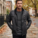 Men's Multi-Pocket Faux Leather Jacket in Black