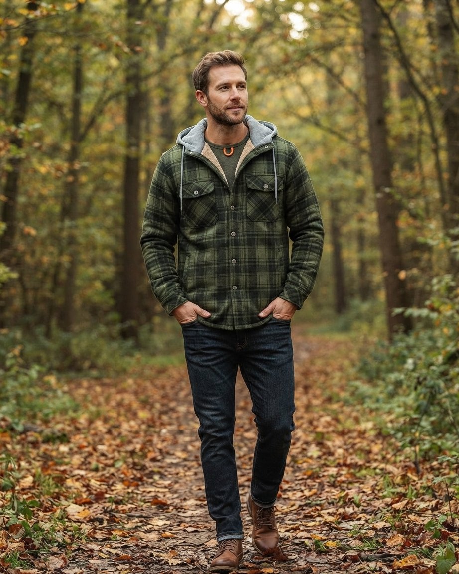 Men's Sherpa-Lined Plaid Hooded Jacket