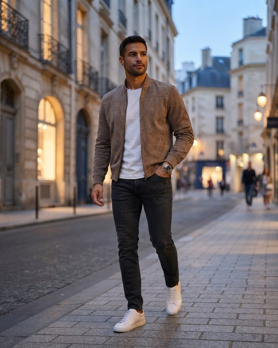 Men's Suede-Look Bomber Jacket – Lightweight Smart Casual