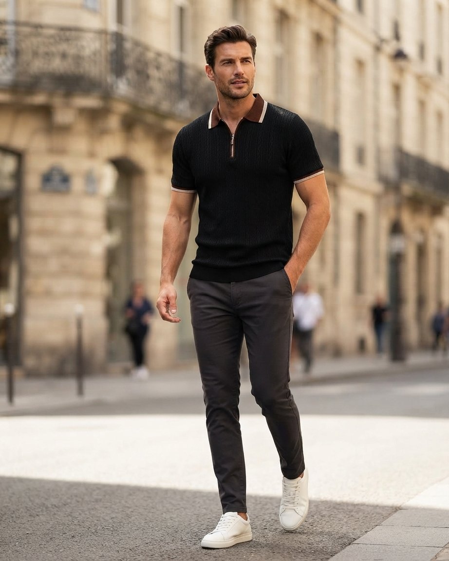 Textured Knit Quarter-Zip Polo Shirt, Tailored Fit