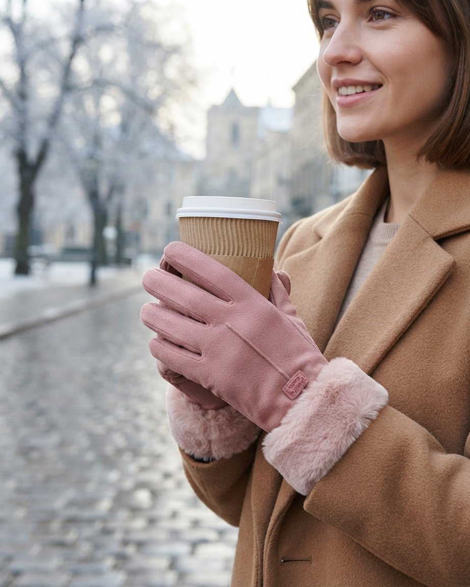 Women's Faux Suede Winter Gloves with Fluffy Cuff