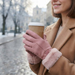Women's Faux Suede Winter Gloves with Fluffy Cuff