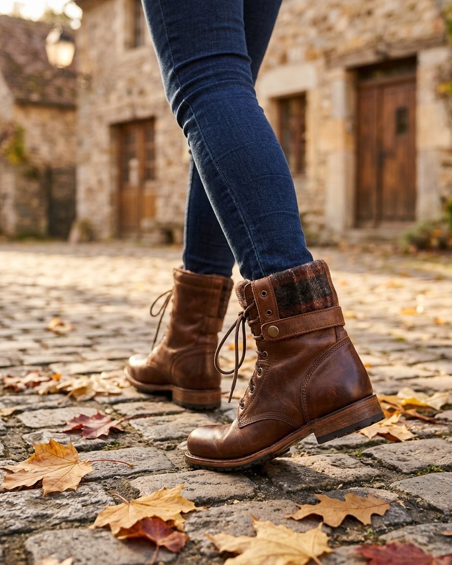 Women's Leather Lace-Up Combat Boots in Dark Brown