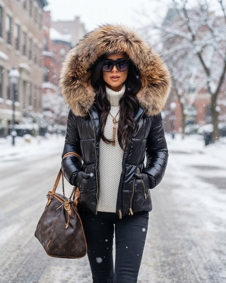 Women's Padded Winter Jacket with Faux Fur Hood