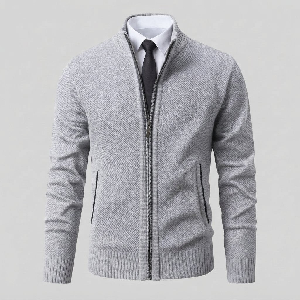 Men's Full-Zip Mock Neck Knit Cardigan Sweater — Light Grey