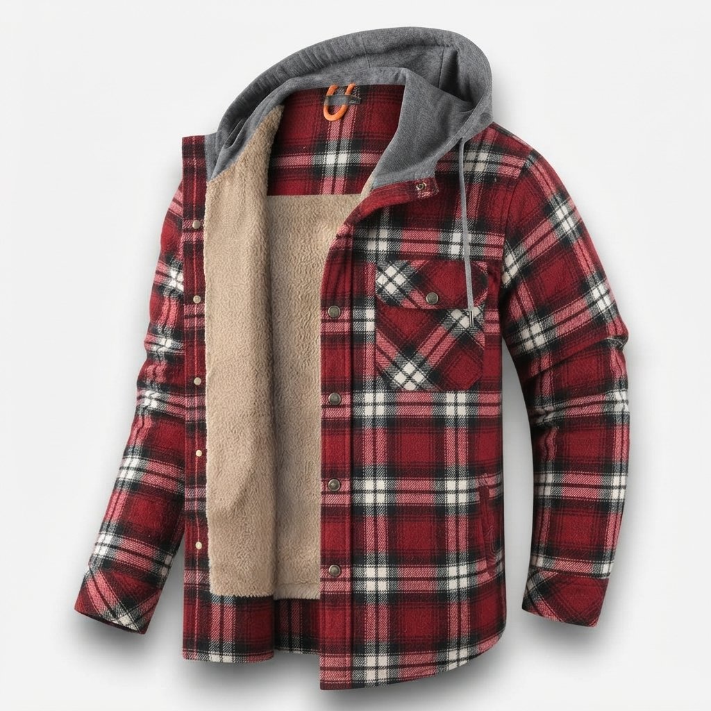 Men's Sherpa-Lined Plaid Hooded Jacket — Red