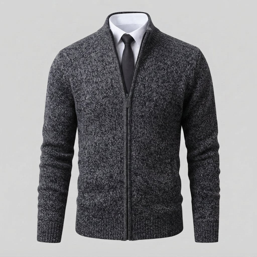 Men's Full-Zip Mock Neck Knit Cardigan Sweater — Dark Grey