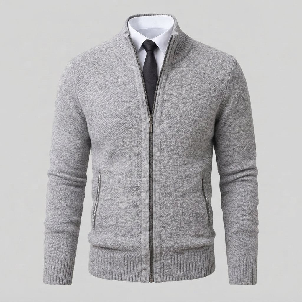 Men's Full-Zip Mock Neck Knit Cardigan Sweater — Grey