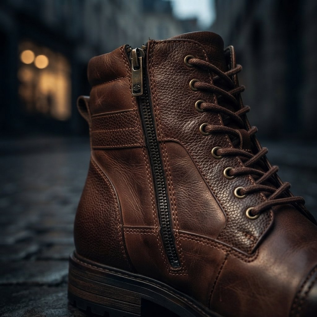 Men's Leather Lace-Up Boots with Side Zip, Brown or Black