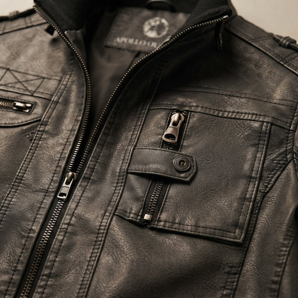 Men's Multi-Pocket Faux Leather Jacket in Black