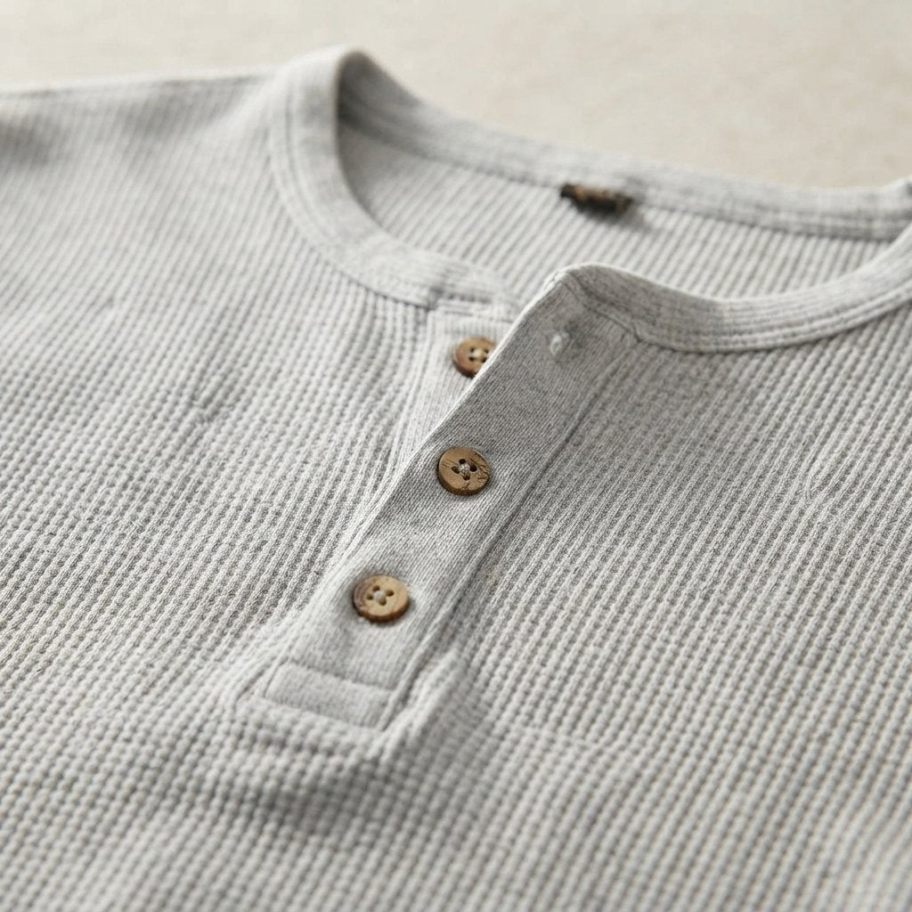 Men's Waffle Knit Henley Top, Long Sleeve