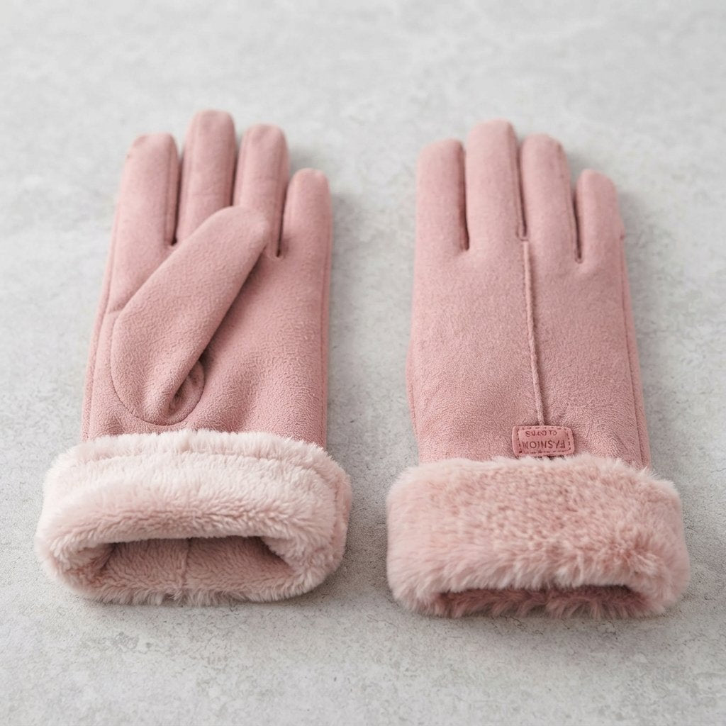 Women's Faux Suede Winter Gloves with Fluffy Cuff