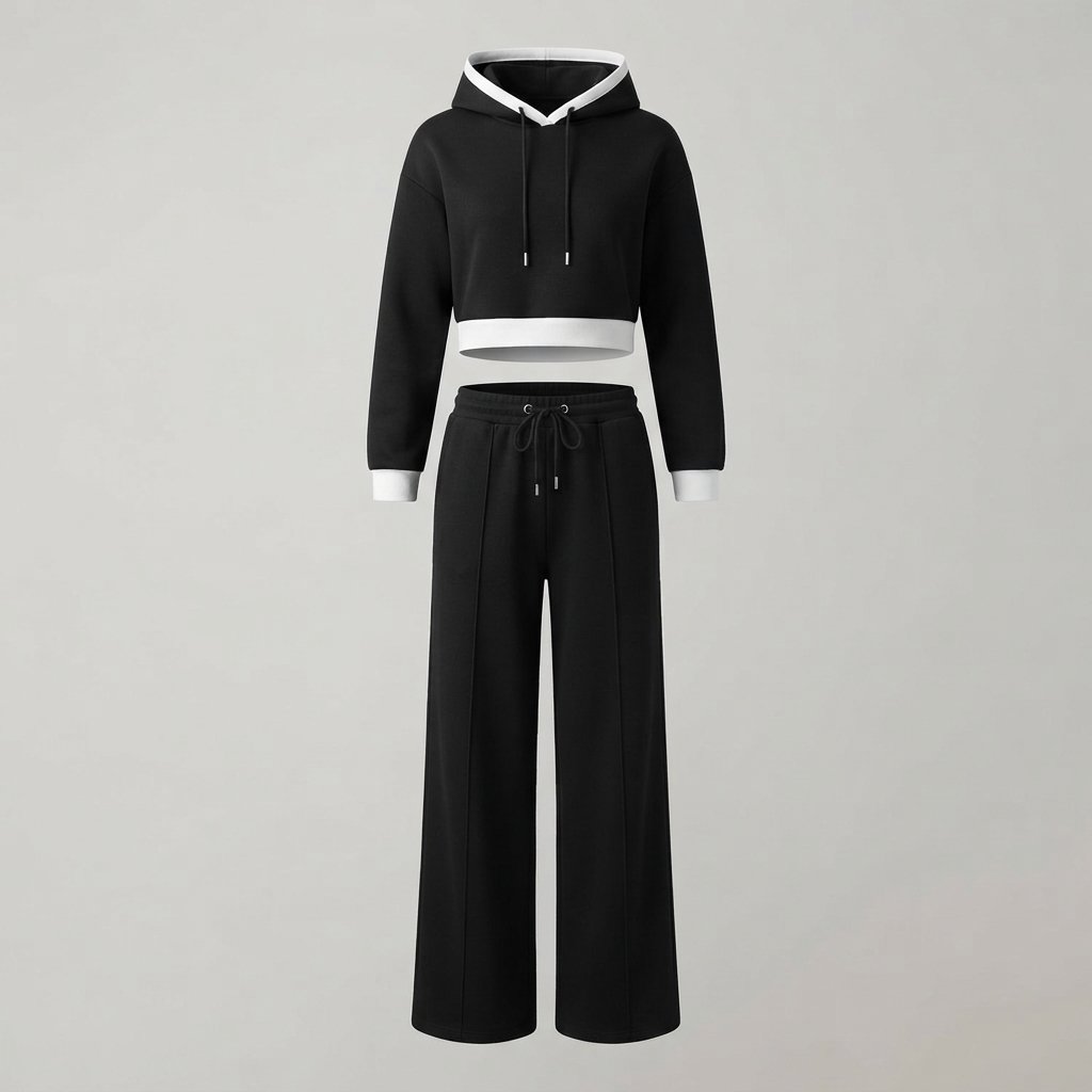 Hoodie & Wide-Leg Trousers Two-Piece Loungewear Set — Black
