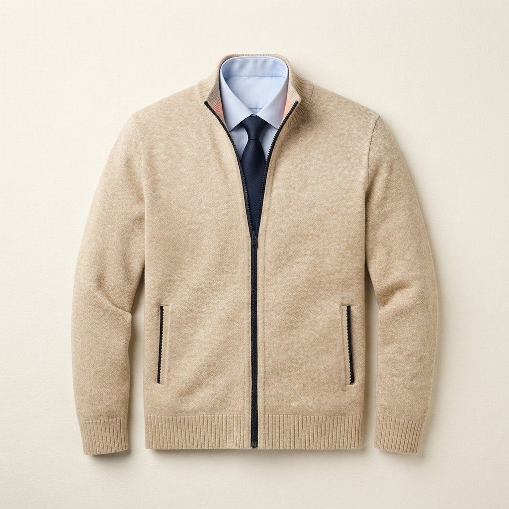 Men's Full-Zip Knit Cardigan – Smart Casual Sweater Jacket — Beige