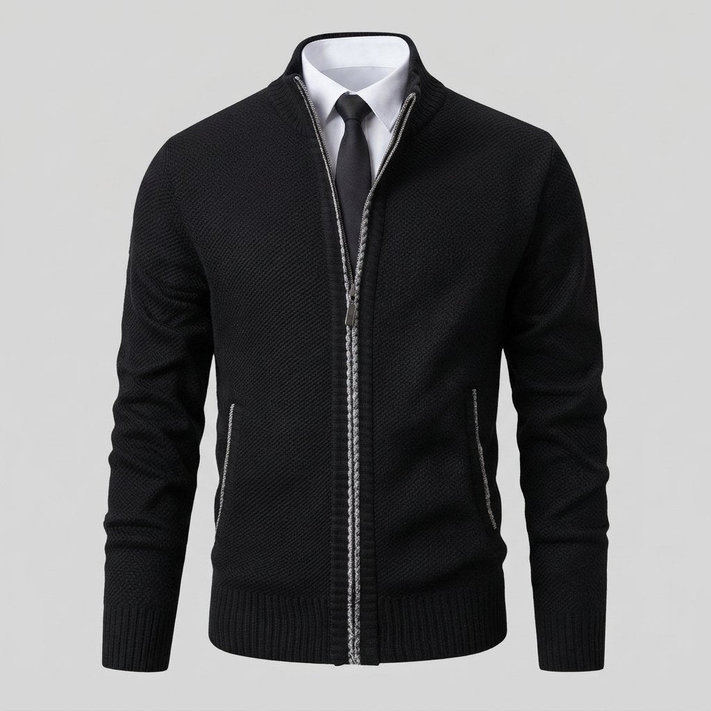 Men's Full-Zip Mock Neck Knit Cardigan Sweater — Black