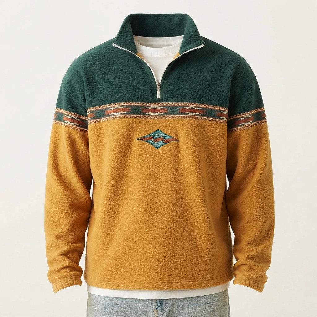 Men's Half-Zip Fleece Pullover with Aztec Stripe Detail — Yellow