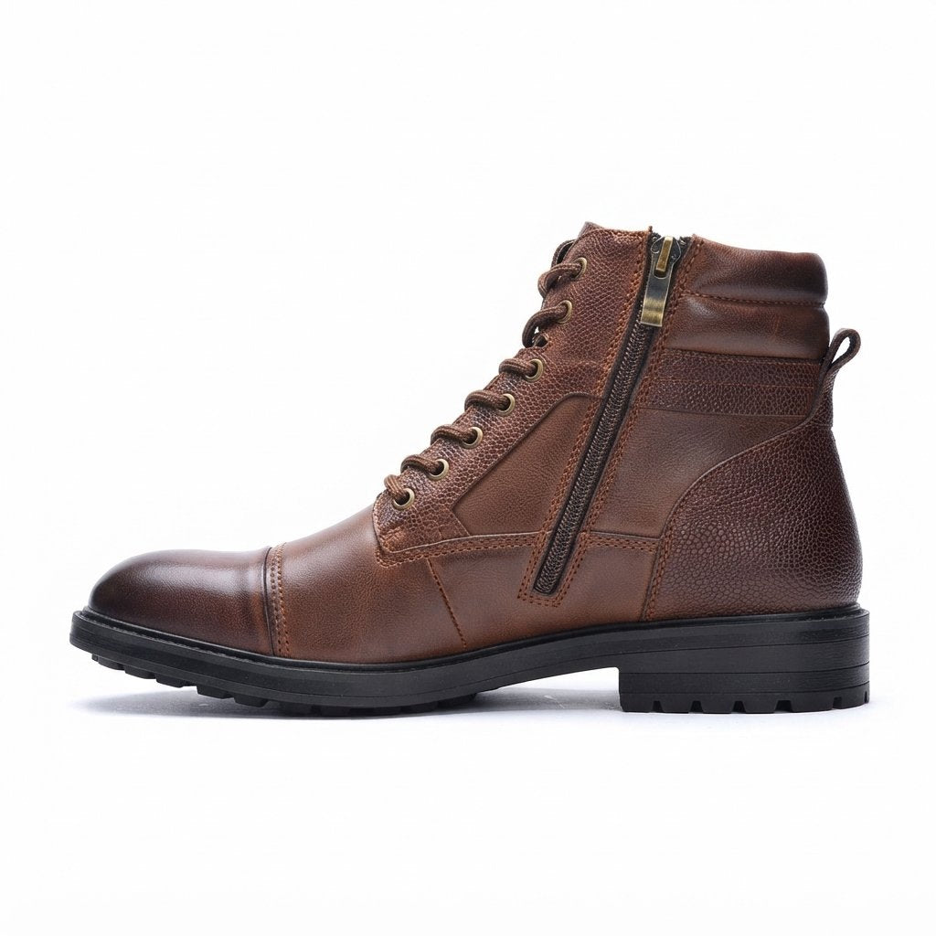 Men's Leather Lace-Up Boots with Side Zip, Brown or Black — Brown