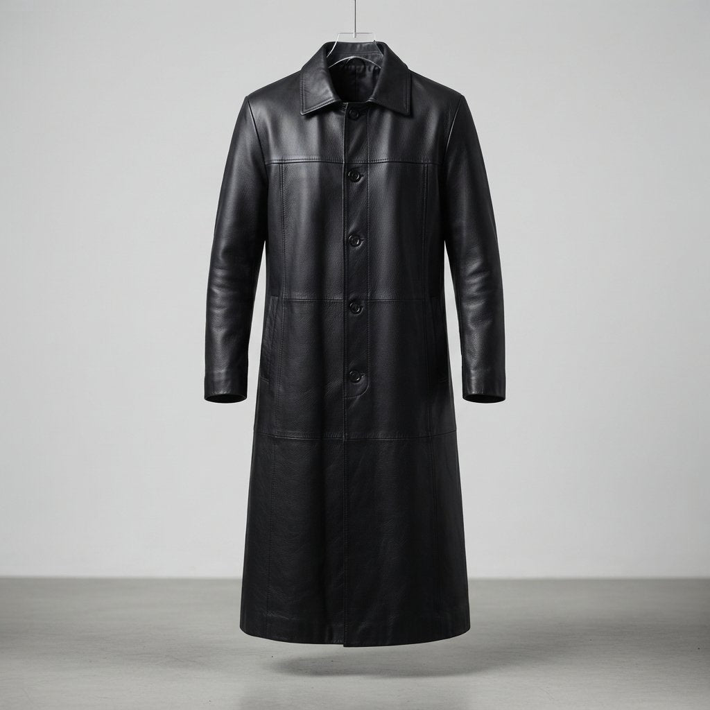 Men's Long Leather Coat, Regular Fit, Sizes S–3XL — Black