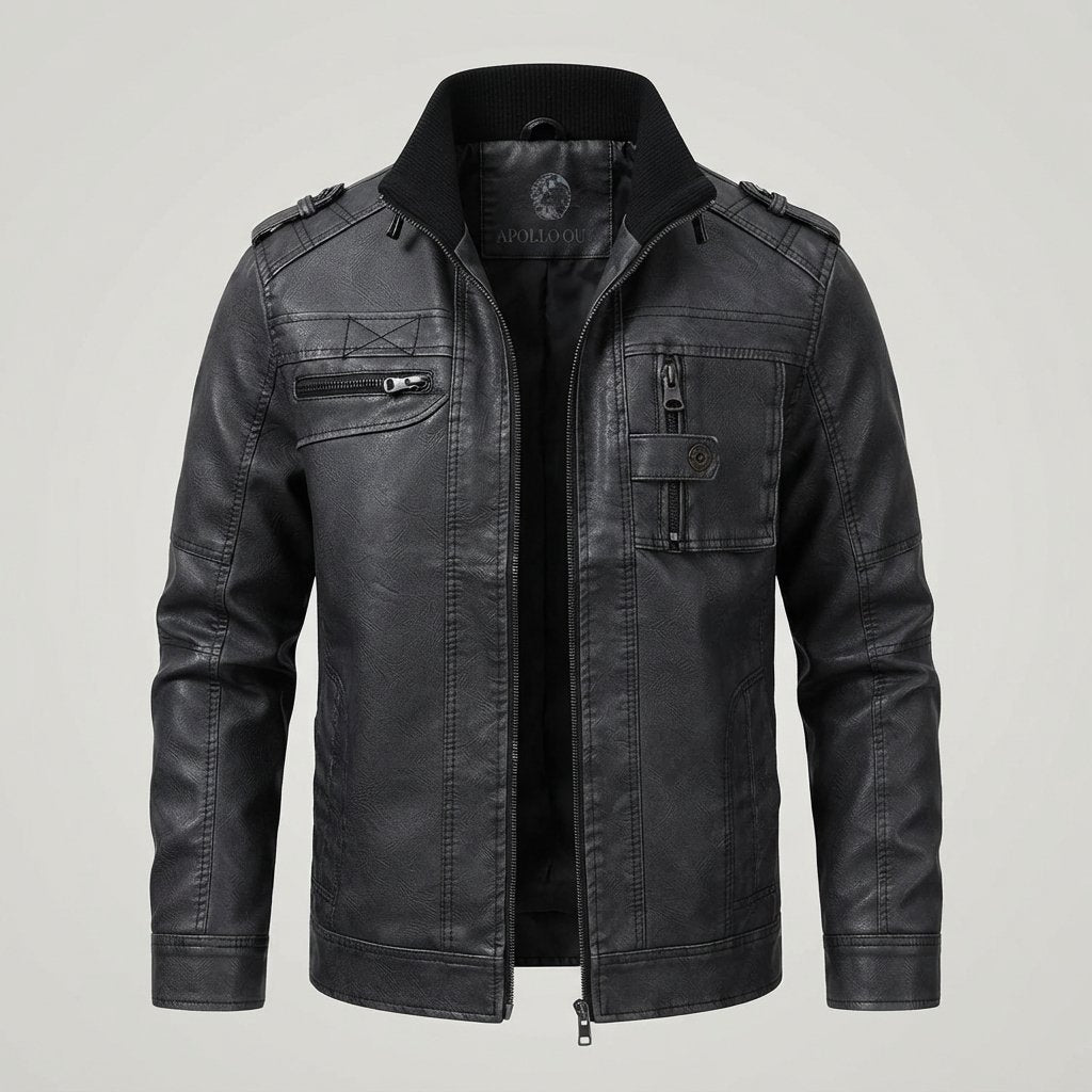 Men's Multi-Pocket Faux Leather Jacket in Black — Black