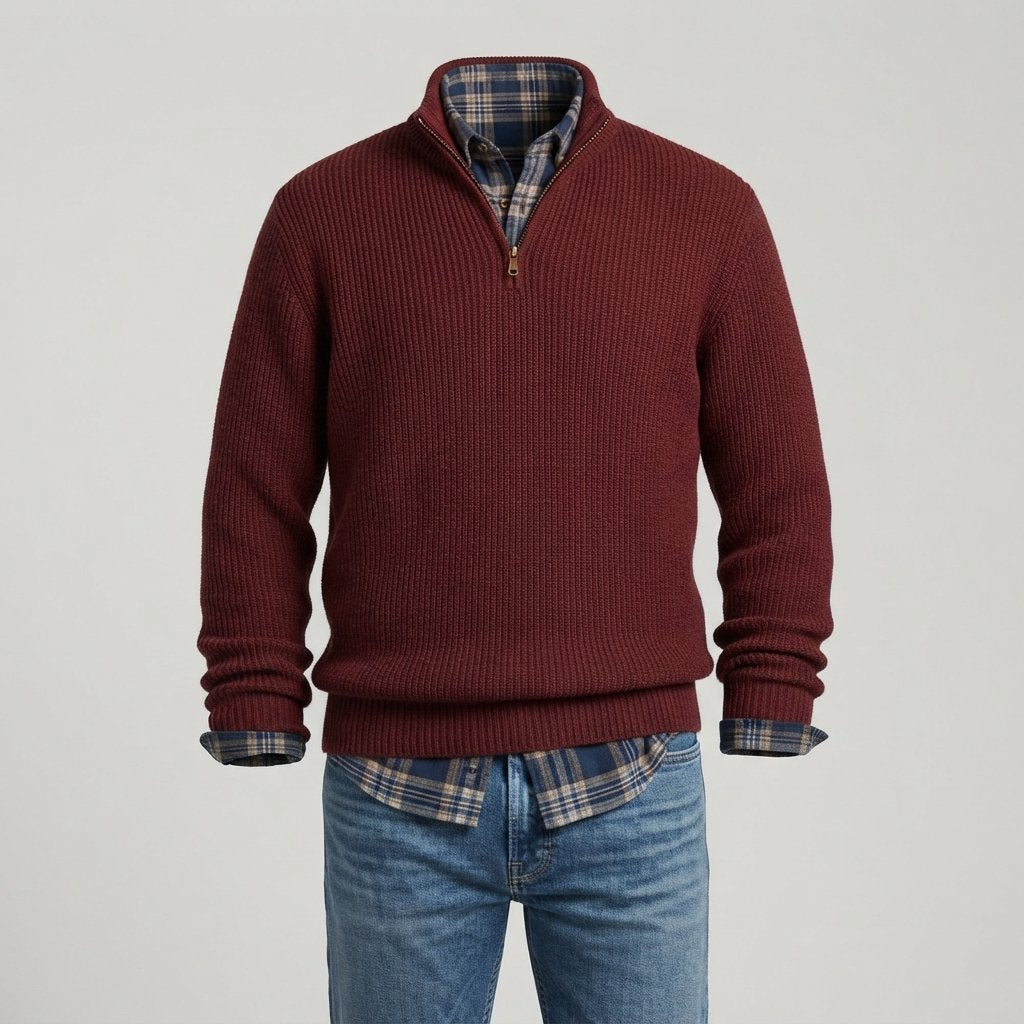 Men's Ribbed Quarter-Zip Cashmere Sweater, Regular Fit — Wine Red