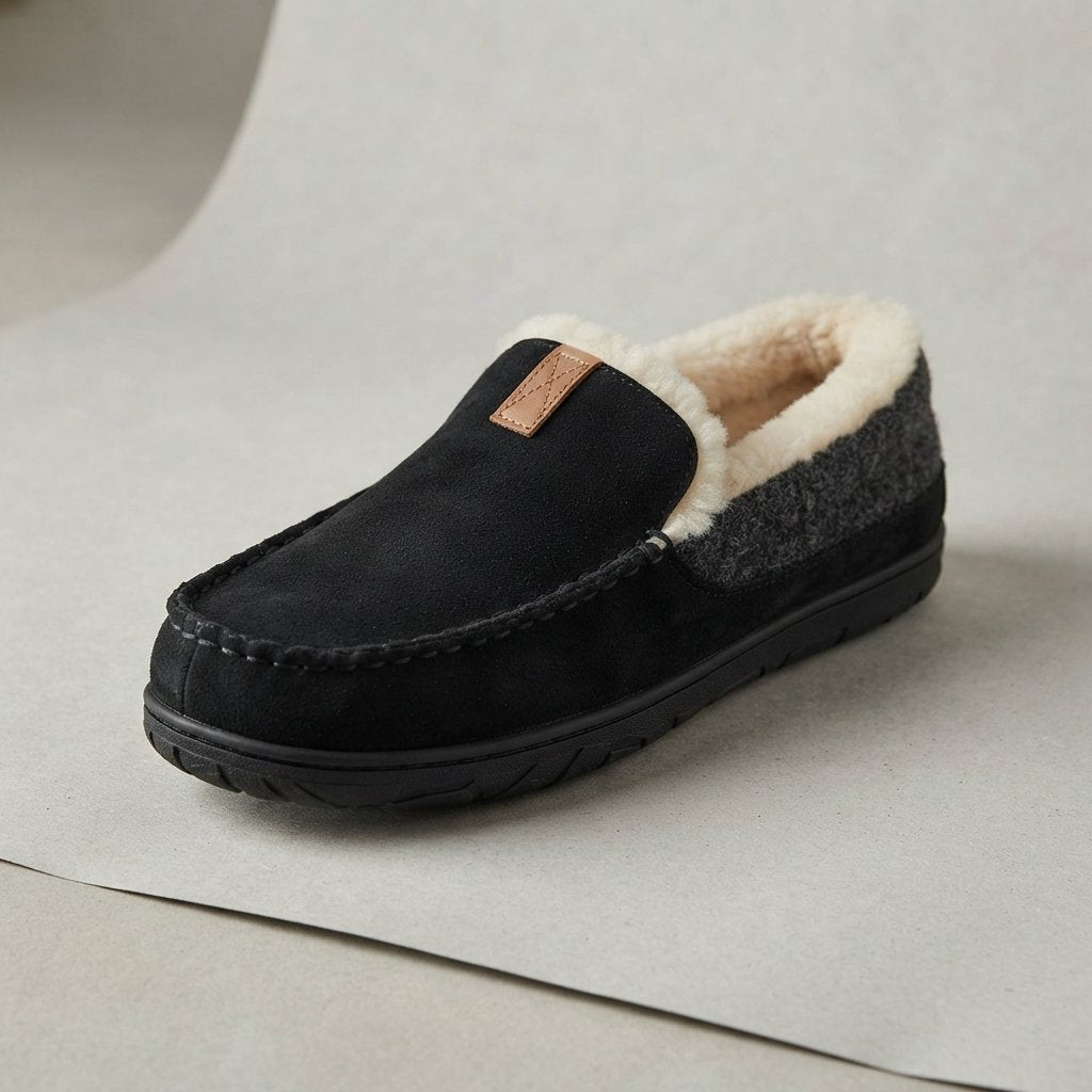 Men's Sherpa-Lined Slip-On Loafer Slippers — Black