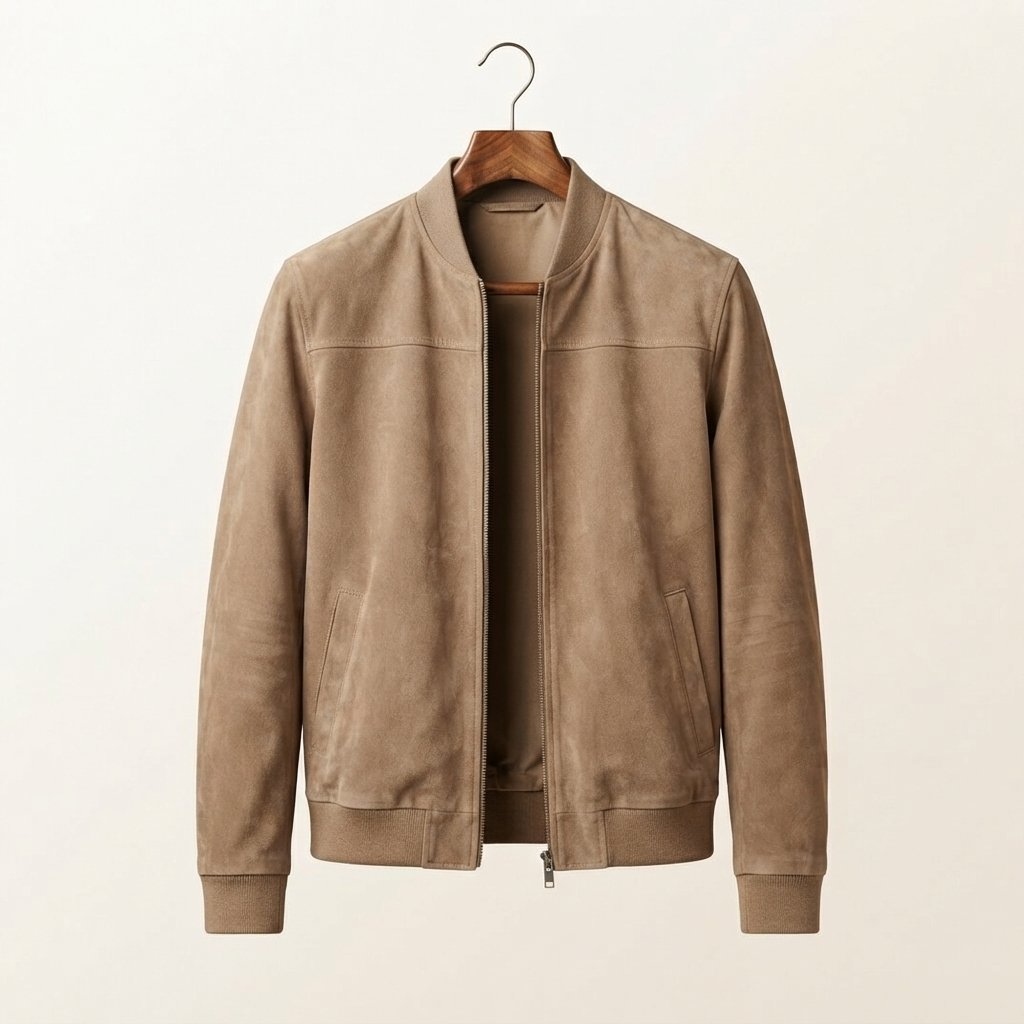 Men's Suede-Look Bomber Jacket – Lightweight Smart Casual — Beige