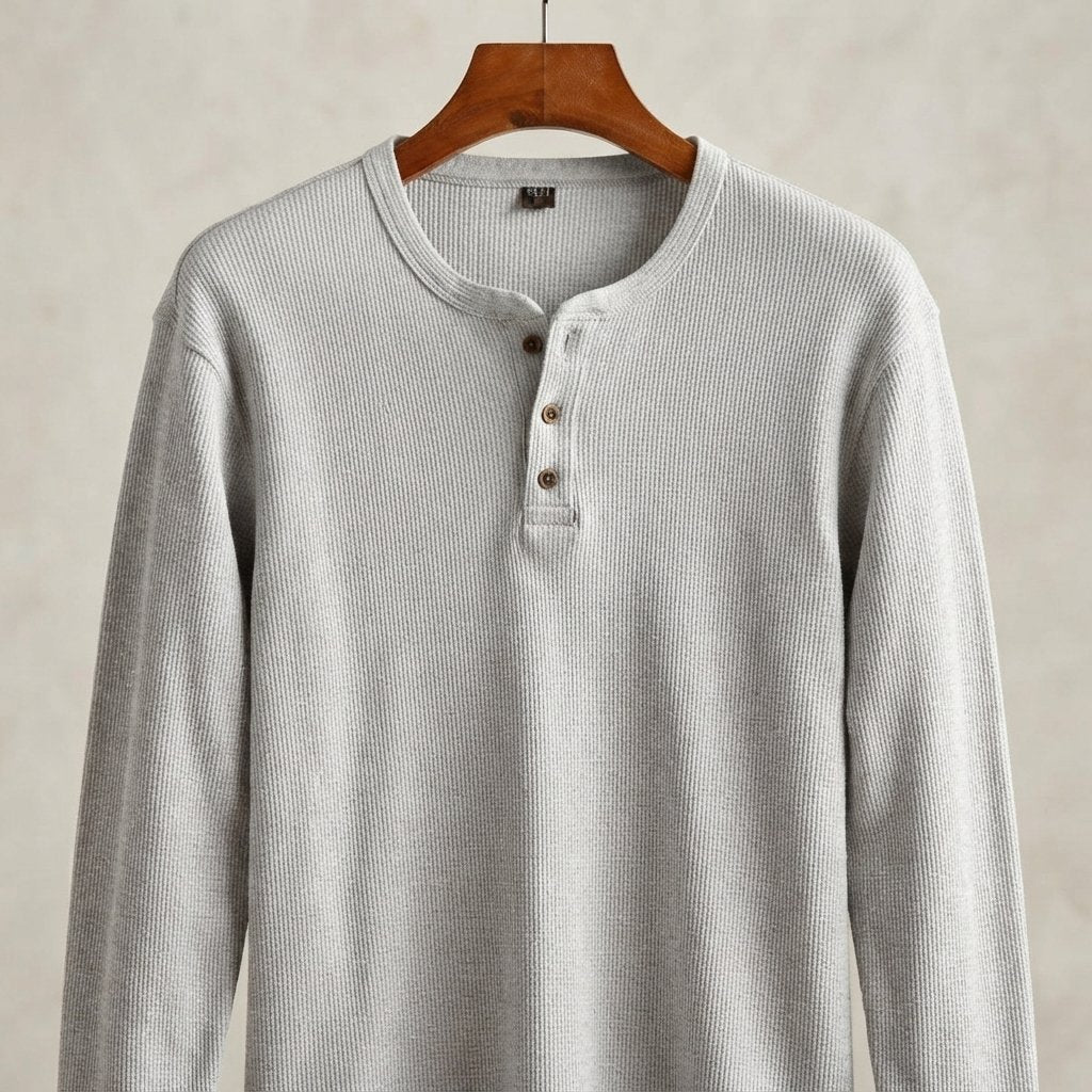 Men's Waffle Knit Henley Top, Long Sleeve — Light Grey