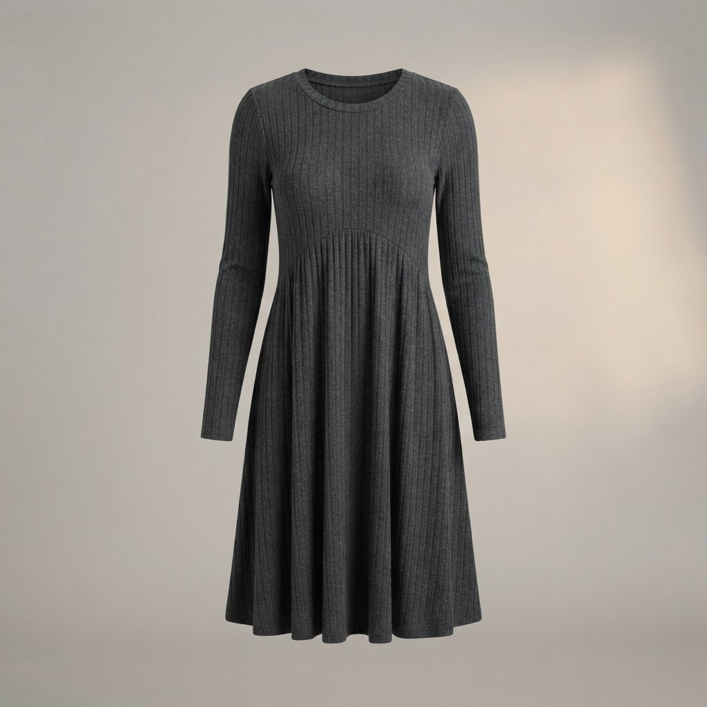 Ribbed Knit High-Waist A-Line Midi Dress with Pockets — Grey