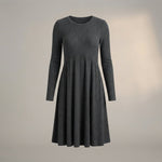 Ribbed Knit High-Waist A-Line Midi Dress with Pockets — Grey