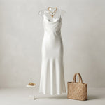 Satin Midi Dress & Knit Sweater Two-Piece Set — White