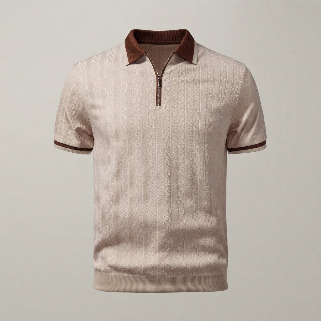 Textured Knit Quarter-Zip Polo Shirt, Tailored Fit — Beige