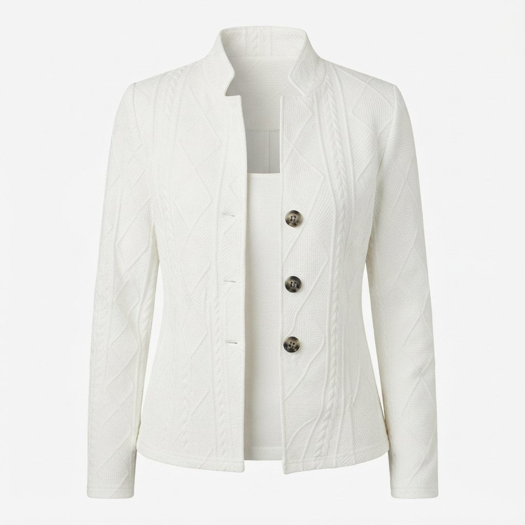 Textured Knit Stand-Collar Blazer Cardigan — White