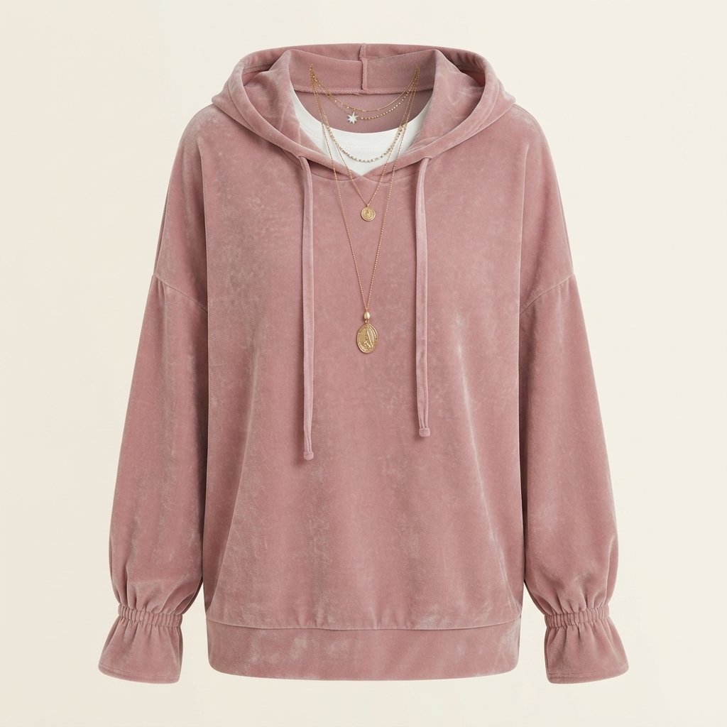 Velvet Relaxed Hoodie with Ruffle Cuffs — Pink