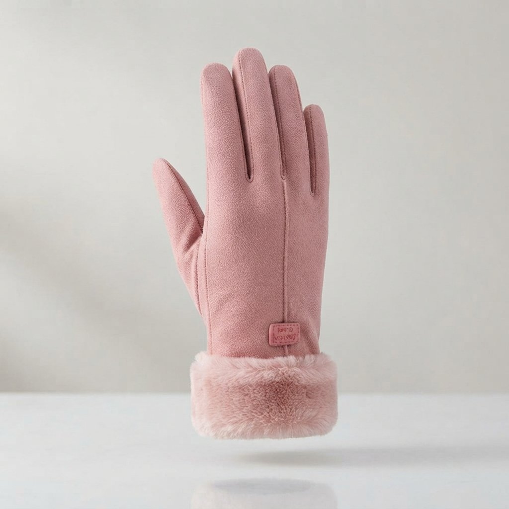 Women's Faux Suede Winter Gloves with Fluffy Cuff — Pink
