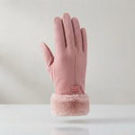 Women's Faux Suede Winter Gloves with Fluffy Cuff — Pink