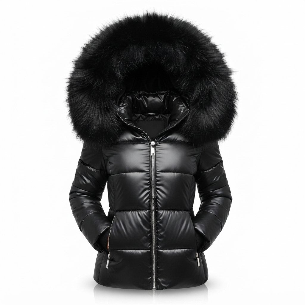 Women's Padded Winter Jacket with Faux Fur Hood — Black - Black Hood