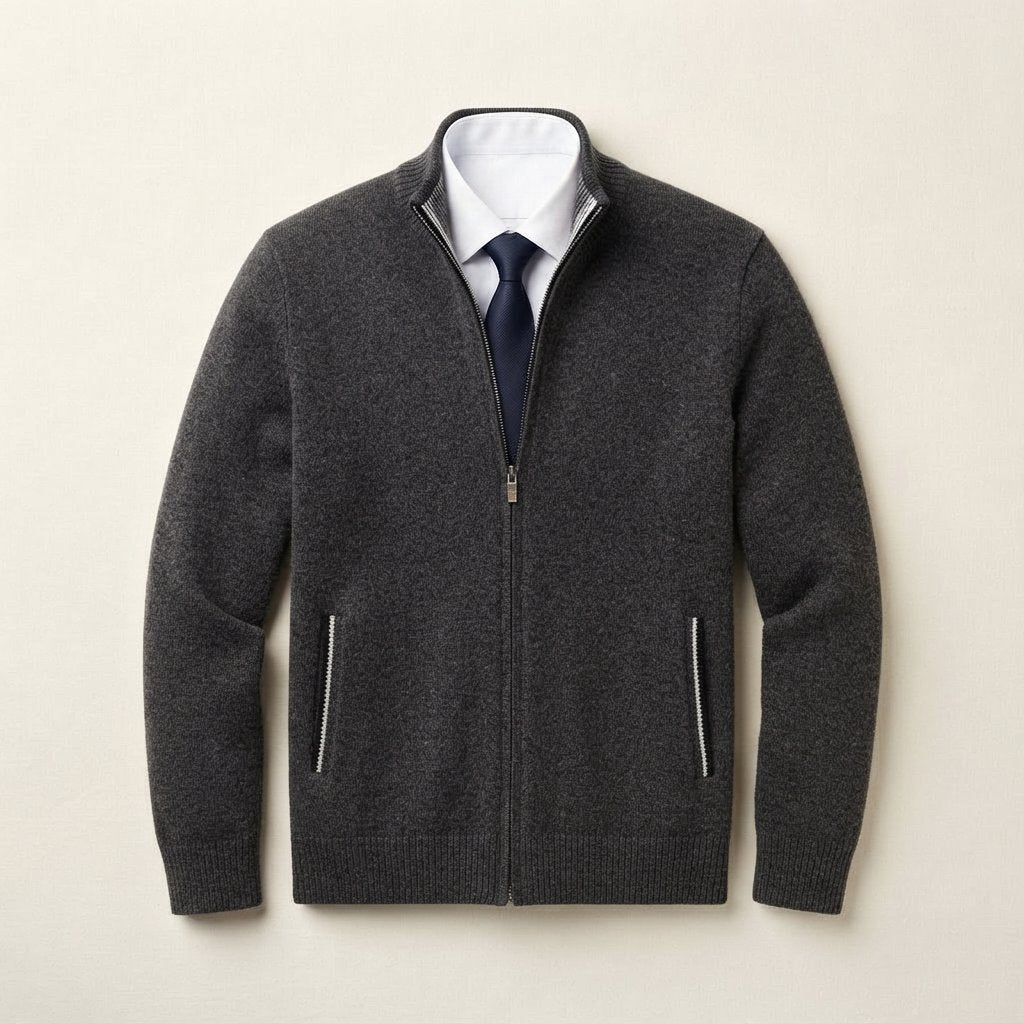 Men's Full-Zip Knit Cardigan – Smart Casual Sweater Jacket — Dark Grey